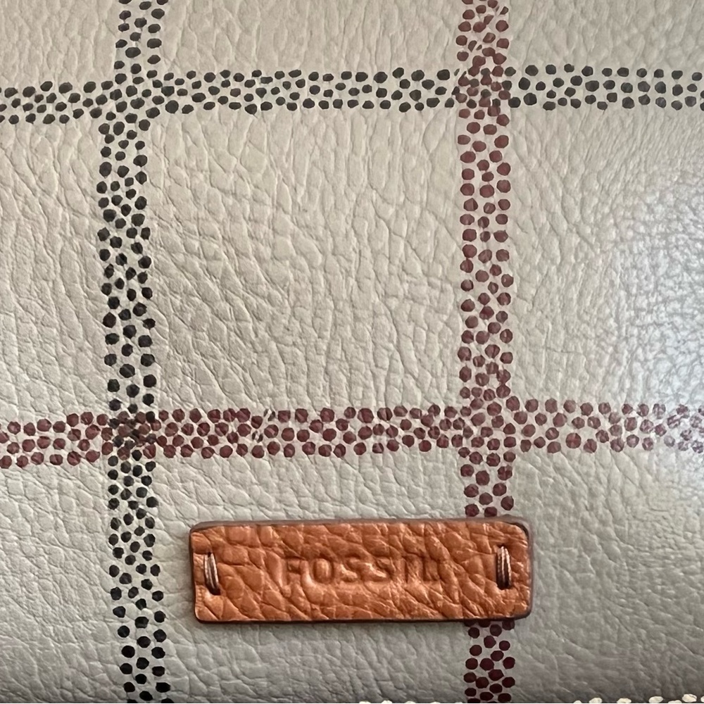 Fossil Rachel Zip Top Tote Gray Plaid Shoulder Bag Brown Leather Trim NWOT - Picture 4 of 10